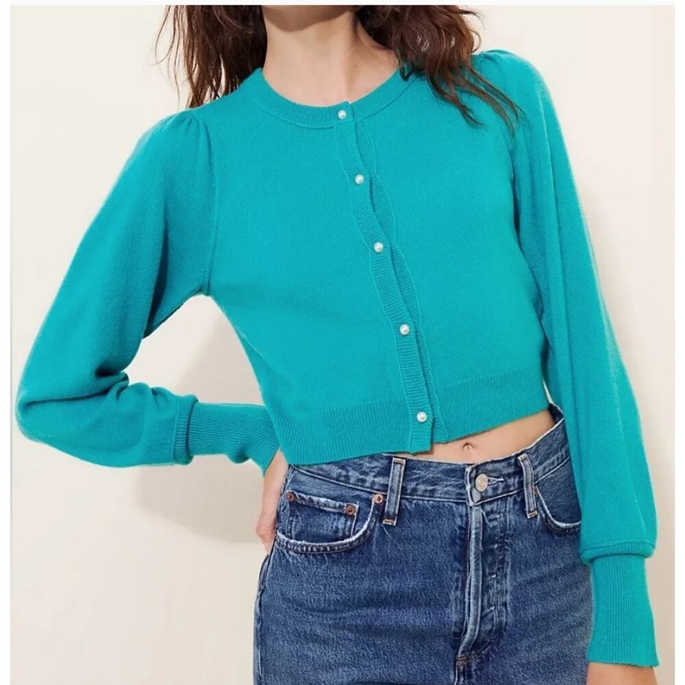 Free People 100% Cashmere Cardigan Sweater Pearl Button Puff Sleeves Crop Teal M